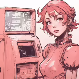 a woman in pink is standing in front of a machine