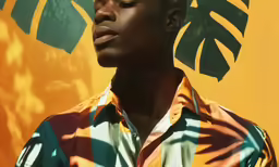 a man in an orange and blue shirt standing in front of a plant