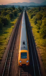the train is going down the railroad track,a train traveling through rural countryside under a cloudy sky
