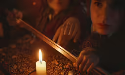two women sitting with swords and candle