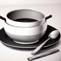 a bowl, spoon, and plate on top of a table