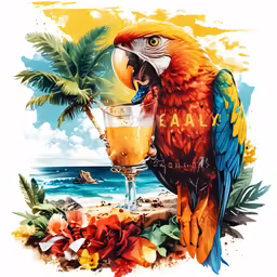 a colorful bird drinking orange juice from a glass