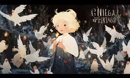 some white birds a girl and trees and some stars