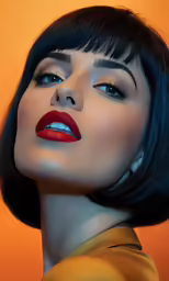 a woman with short black hair with a bright red lip