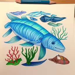 a drawing of some fish on a piece of paper,a drawing of a blue fish is shown