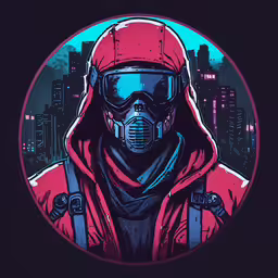 a person in a red hooded jacket and hoodie stands in front of a city background,a man in a gas mask wearing a red hoodie and a cityscape in the background