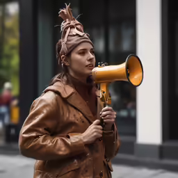 a woman is dressed in brown carrying an item