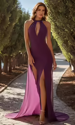 a woman in a deep purple gown stands outdoors