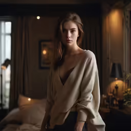 a woman stands on a bed wearing a tan shirt