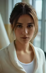 an attractive young lady is sitting in front of windows