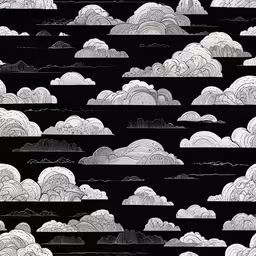 a black and white line drawing of clouds,a black and white drawing of mountains, clouds, trees and bushes