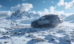 a suv in snow on a snowy, windy day