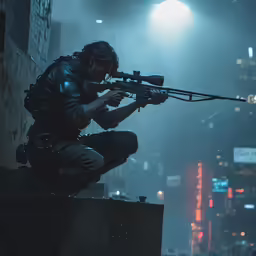 a man sitting on top of a box holding an automatic rifle