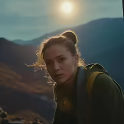a woman with brown hair is wearing backpacks looking to the side