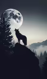 a black and white photograph of a wolf at night