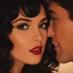 a man and a woman in front of the camera wearing makeup
