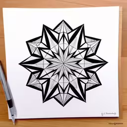 a pen and ink drawing of a geometric design,a drawing on a paper with pen and ink,this drawing was done using markers and a ballpoint pen,a drawing of a star surrounded by triangles,a drawing of a star - shaped object on a paper