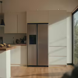 the kitchen features stainless steel appliances and white cabinets