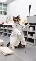 a cat is standing on a desk looking at the camera
