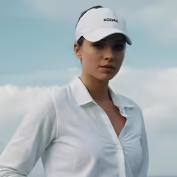 a woman with a white hat is posing for a picture