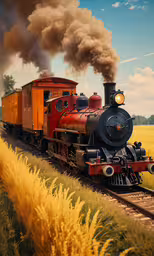 a train with smoke is riding the tracks in an open field,a painting of a train traveling in a field with smoke coming out