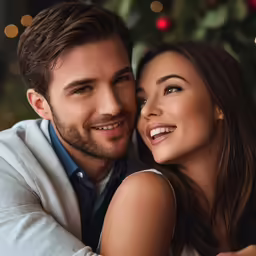 a woman is embracing her partner in front of the christmas tree