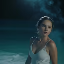 a young woman in white tank top standing by the ocean