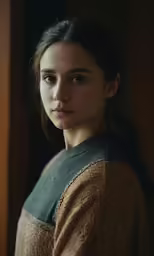 a woman with a long brown hair and a green top
