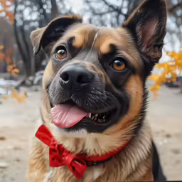 a close up of a dog wearing a red bow tie