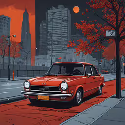 a red car sits on the street next to trees,a painting of a red car parked on a city street