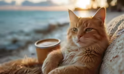 an orange cat holding a coffee mug, sitting on a couch