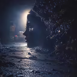 a woman in glasses is covered by confetti at night