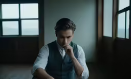 a man with a tie and vest sitting in a room