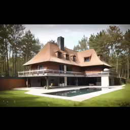 a house with a pool and large deck in the grass