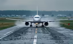 a plane in the midst of being hit by the rain on a runway