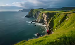 a man with a backpack is standing on a cliff above the ocean