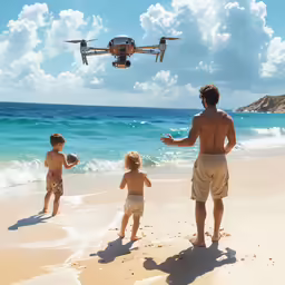the man and children are on the beach flying a toy plane