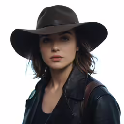 a beautiful woman in a hat and a black leather jacket