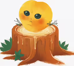 a yellow duck with a sad face sitting on a tree stump,a small orange sits on top of a tree stump