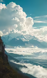 a mountain in the distance with a cluster of clouds