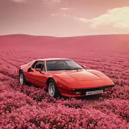 a red car parked in a pink flower field