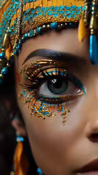 a woman with eyeliner and some gold,woman wearing gold blue and gold accessories