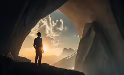 a man standing in an overexposed tunnel at sunset