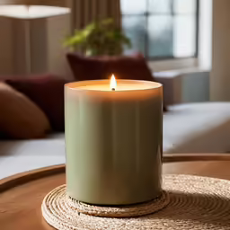 a close up of a lit candle on a table