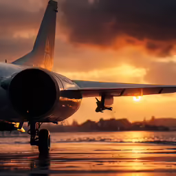 an airplane sitting on the runway at sunset