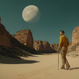 a man with a cane in front of the moon