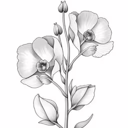 the delicate flowers on the stem drawing by hand,two large flowers with leaves are drawing in black and white