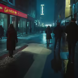 a group of people walking along a city street at night