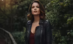 a woman wearing a leather jacket standing outside