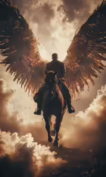 man sitting on horse with wings above